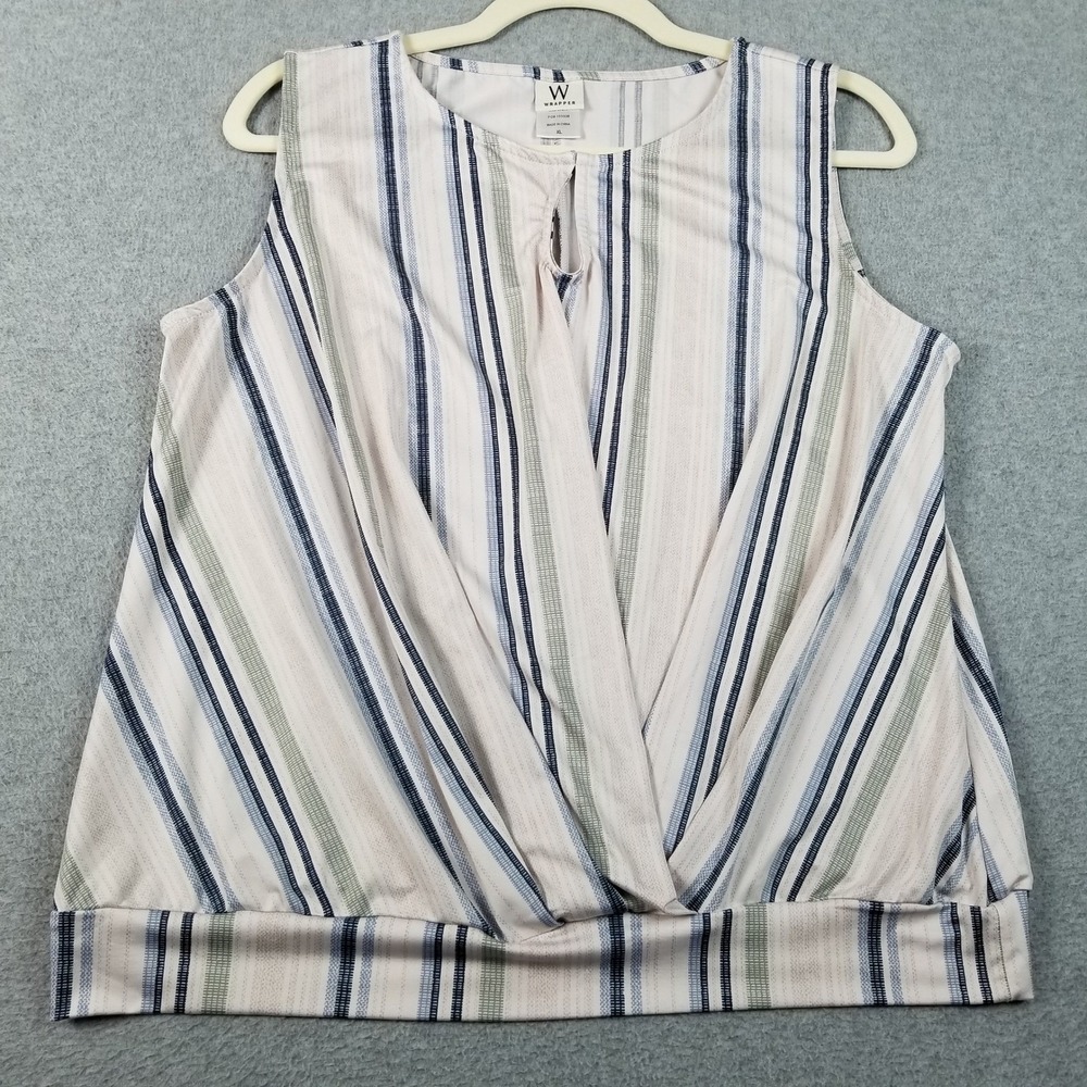 Wrapper Tank Top Women's XL Extra Large Blue Green Striped Faux Wrap Sleeveless